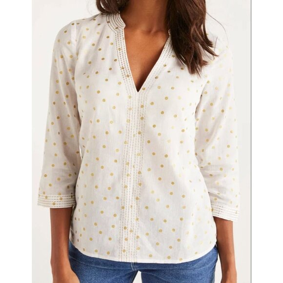 Boden Shirt Womens 12 Rosanna Embroidered V Neck Gold Polka Dot Tunic Top - Picture 1 of 12